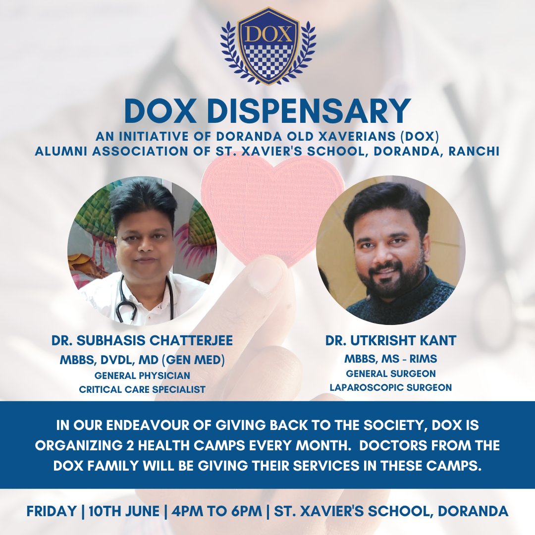Join us in the Bi Monthly Health Camp at the DOX Dispensary. FRIDAY | 10th JUNE | 4:00 PM to 6:00 PM | St. XAVIERS SCHOOL, DORANDA  
@niteshpriya 
@UtsavKParashar 
@JharkhandCMO
@DC_Ranchi
@jaaindia
@Rahul_Jain1976
@budhiaa
@vpatodia
@deepakgarodia
@NishitChopra1
@iAtulAgrawal