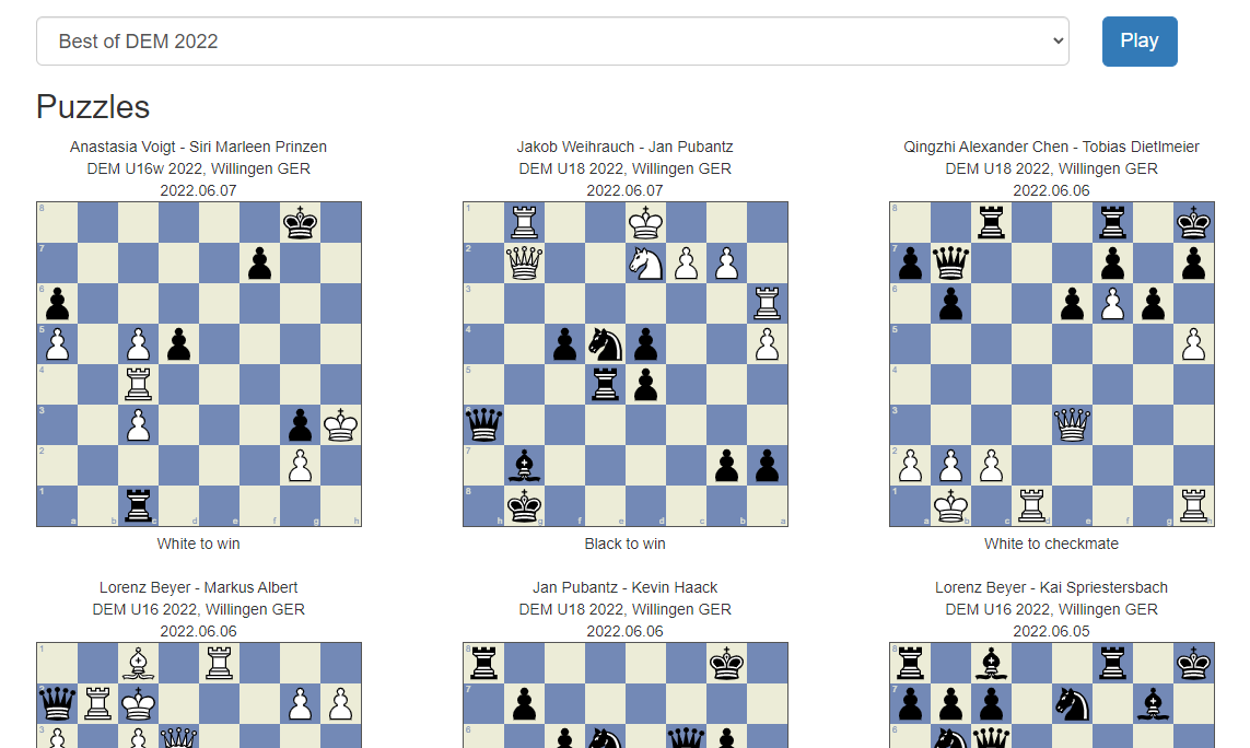 Chesspuzzle_net's tweet photo. Some nice #chess puzzles from the ongoing German Junior Championships. 
Click the "Play" button to play through them all. @schachjugend  #dem22 
https://t.co/xFrT7WECQt https://t.co/WgYvRSPmWI