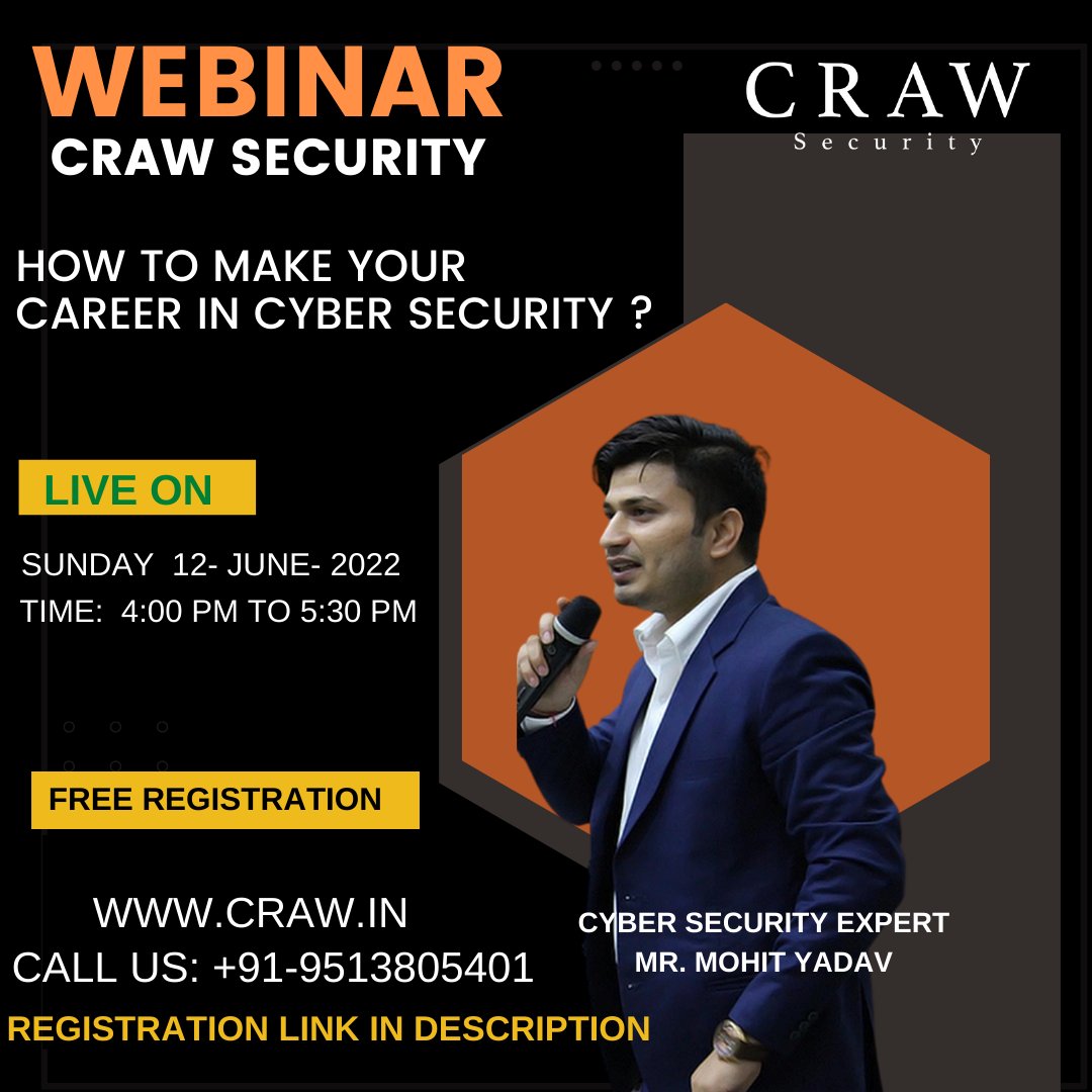 CrawSecurity's tweet photo. @crawsec A live Webinar in "How to make a shinier career in Cyber Security?"  Learn from the renowned cyber expert in all around the world. Lock the date and complete your free registration by tapping on the link below:

SING UP NOW: https://t.co/OL9Ff58fps https://t.co/y3s1LF4PVo