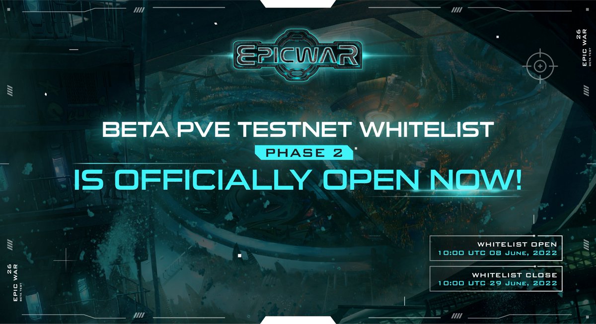 🚀 WHITELIST FOR EPIC WAR BETA PVE TESTNET PHASE 2 IS OFFICIALLY OPEN‼️

🎁20.000 USDT, 3000 Mystery Boxes, and 1.000.000 EWAR
⏰Whitelist registration: 10:00 UTC 08 June - 10:00 UTC 29 June

Detailed guidelines to register: guide.epicwar.io/whitelist-regi…
#EpicWar #F2P2E