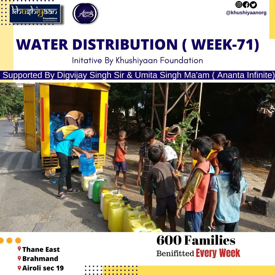 Khushiyaan_Org's tweet photo. Water Distribution- #week71.
Location - Thane East, Brahmand, Airoli sector-19.
600 families at our Mumbai Rotighar slums is benefitted with clean drinking water weekly. https://t.co/9XO4AJtTX0