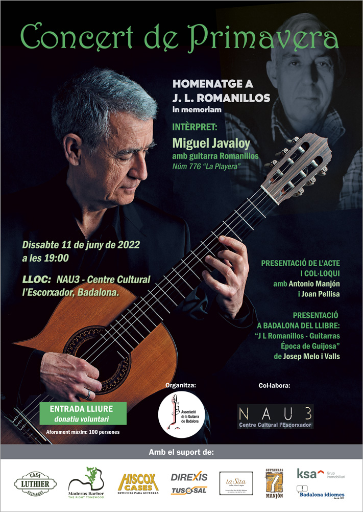 Convidem els nostres socis, simpatitzants i tots els amants de la guitarra clàssica, a assistir a aquest acte en honor de José Luis Romanillos. <a href="/DiarideBadalona/">Diari de Badalona</a> <a href="/bdncom/">Badalona Comunicació</a> <a href="/tallerlutier/">El taller del lutier</a> <a href="/AgendaCultura/">Agenda Cultural de Catalunya</a> <a href="/culturaBDN/">Cultura Aj. Badalona</a>  <a href="/BDNFEMCULTURA/">BADALONA-FEM-CULTURA</a>