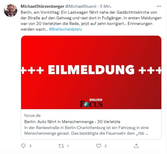 Bitte Vorsicht: Die rechte Hetz- und #FakeNews-Maschine läuft gerade massiv an. Aus dem Auto in der #Tauentzienstrasse/#Rankestrasse ist bei einigen bereits ein Lastwagen geworden. Bitte checkt genau, was ihr teilt.

#b0806 #Gedächtniskirche #Berlin #Breitscheidplatz #Tauentzien