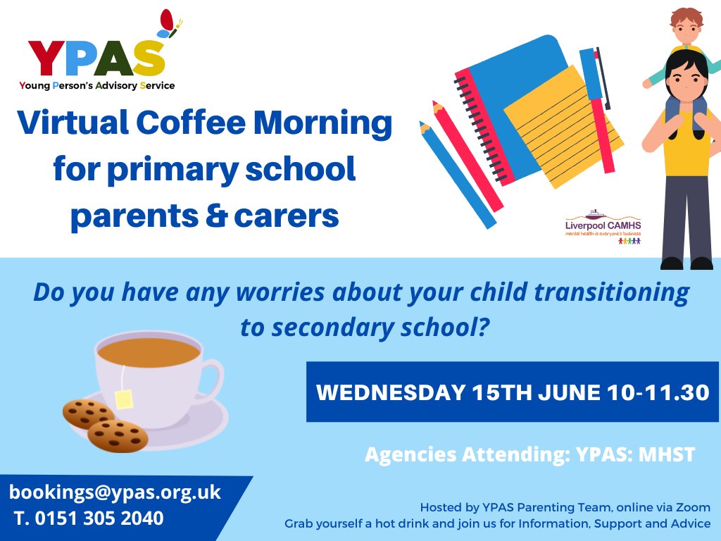 YPAS Virtual Coffee Morning for Primary School Parents &amp; Carers

15th June 10am-11.30am

Hosted by YPAS Parenting Team, online via Zoom Grab yourself a hot drink and join us for Information, Support and Advice

eventbrite.co.uk/e/358401136447

@LivCAMHSFYI