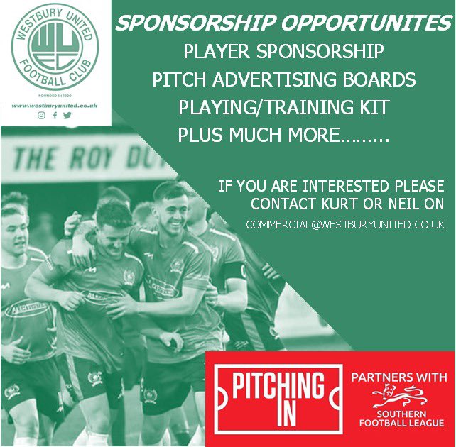 westburyutd's tweet photo. ➡️SPONSORSHIP OPPORTUNITIES⬅️

Get in touch with @KurtJames20 or @Footie_Helper by DM or email commercial@westburyunited.co.uk

@swsportsnews @BBCWiltshire @SouthernLeague1 @localfootball21 https://t.co/fjMLGO3J3v