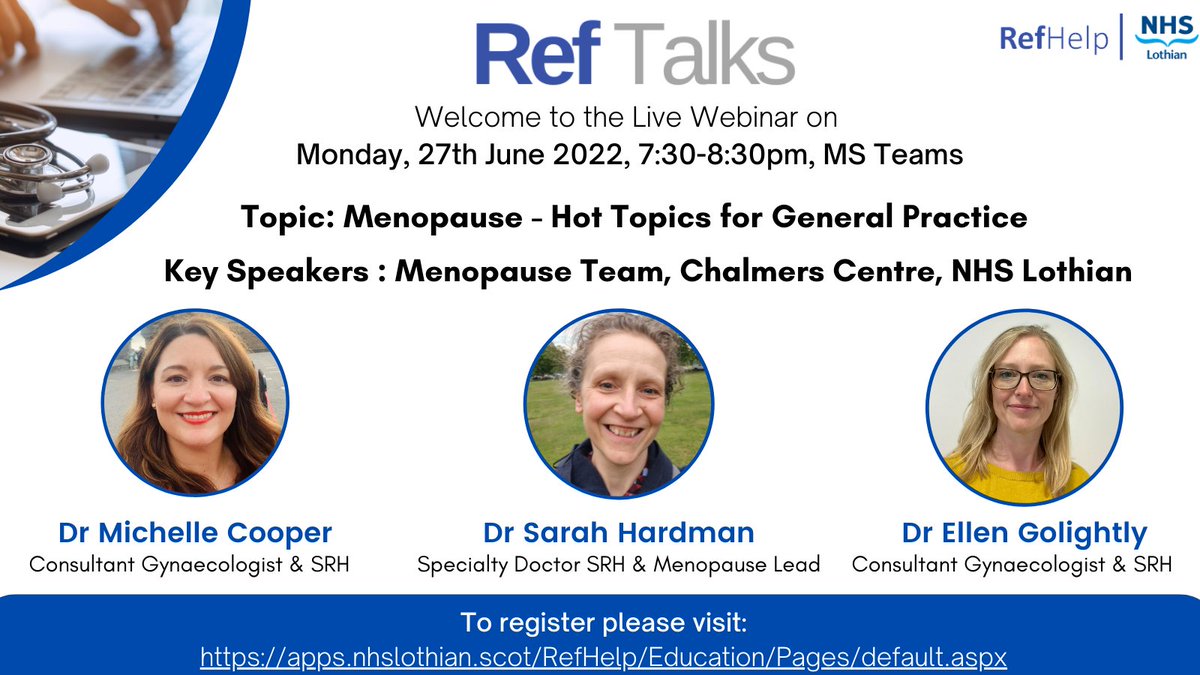 RefHelp_Lothian's tweet photo. RefTalks is back! Next webinar on 27th of June, Monday, 7:30-8:30pm. Delighted to have the Chalmers team share their expertise in managing Menopause &amp; the latest HRT info. Don't miss out.. register now! Link:https://t.co/F365JcvEFh https://t.co/SeWPweeG49