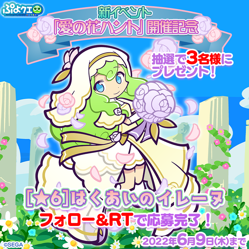 puyoquest's tweet photo. ／
新イベント「愛の花ハント」開催記念キャンペーン👰‍♀️💐
＼

フォロー＆RTで応募しよう！
抽選で3名様に、新登場キャラ【[★6]はくあいのイレーヌ】をプレゼント🎁✨

応募期限☑️6/9(木)23:59まで

はくあいのイレーヌは、イベント「愛の花ハント」で活躍するよ💪🌹

#ぷよクエ