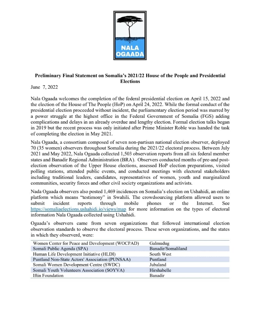 nalaogaada's tweet photo. The Domestic Observation Group of @nalaogaada
 is pleased to release its Preliminary Final Statement on the Somali electoral process.  1/3👇 https://t.co/0o8Eb3JIHY