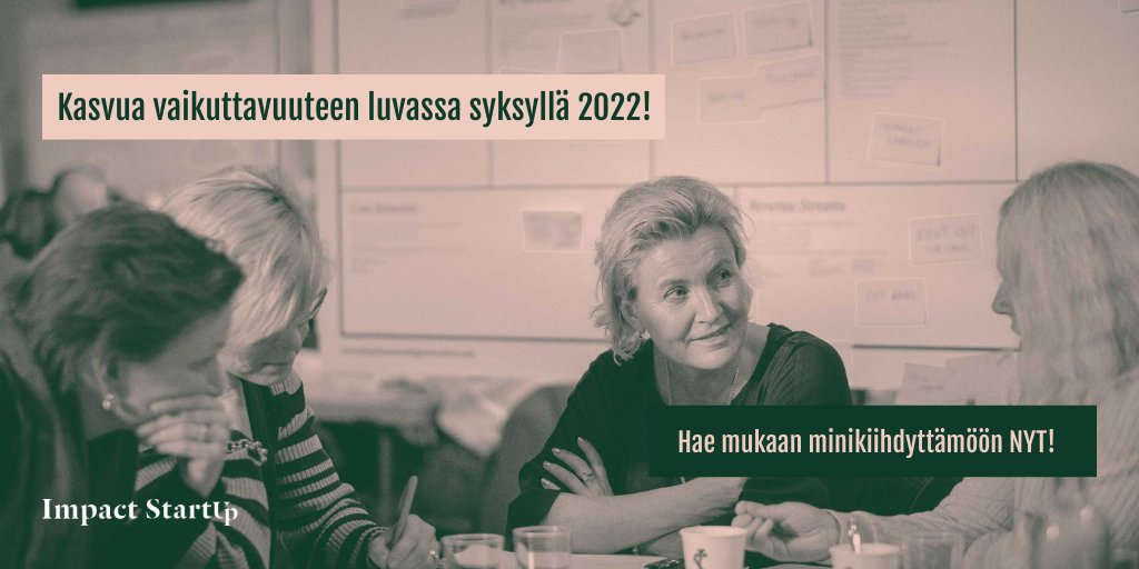 Haku vuoden 2022 #impactstartup -minikiihdyttämöön on nyt auki! Haemme mukaan alkuvaiheessa olevia yrityksiä, jotka ratkaisevat jotakin yhteiskunnallista haastetta ja kaipaavat tukea liiketoiminnan ja vaikuttavuuden kehittämiseen. 🚀

Lue lisää ja hae! 👇

impactstartup.fi/impact-startup…