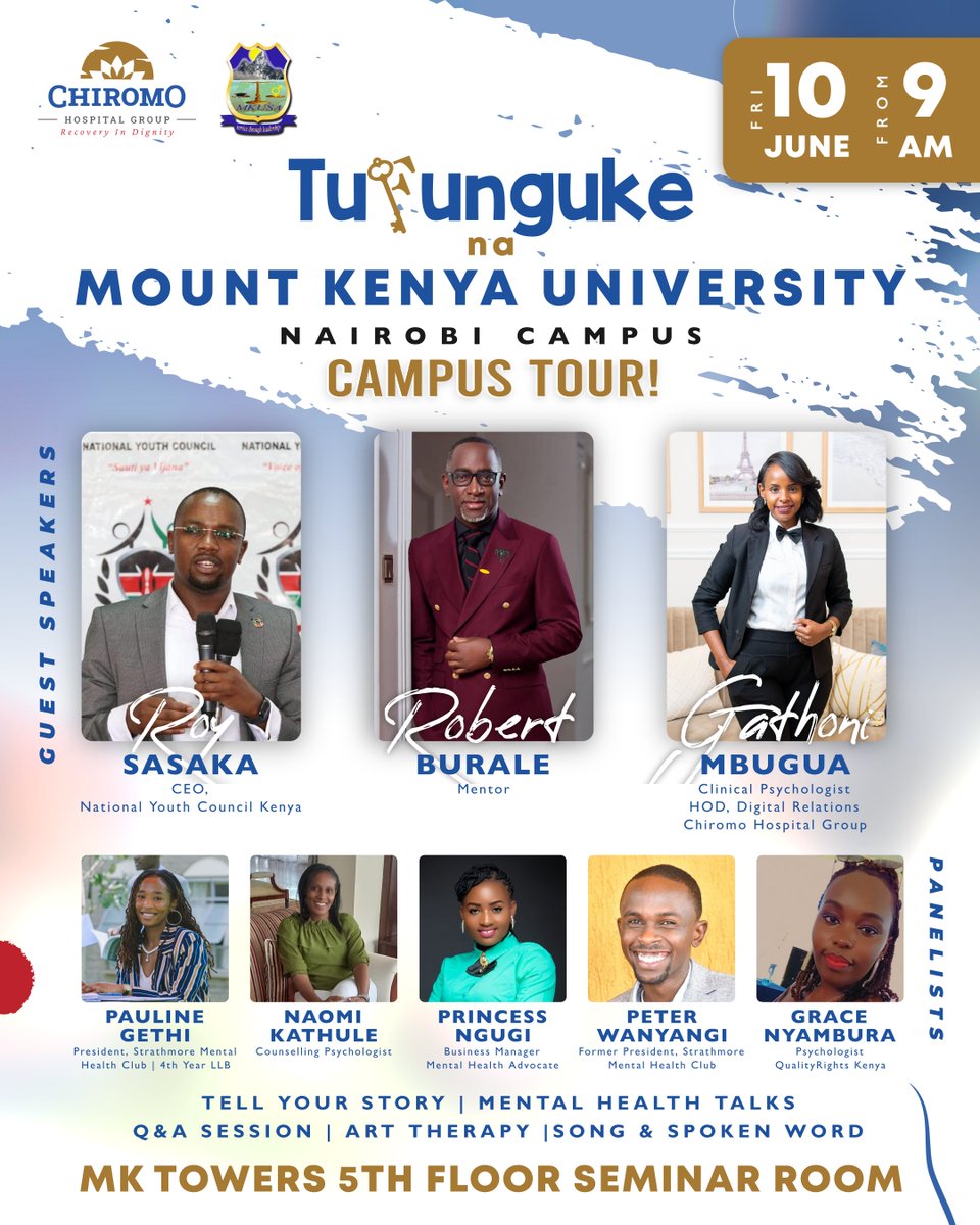 ChiromoHospGrp's tweet photo. All roads head to the @MountKenyaUni town campus for the #TufungukeNaMKU campus tour and we have a lot in store for you this Friday from 10AM including a panel discussion with a stellar panel of individuals who hold mental health close to their heart.

Come all, let's #Tufunguke https://t.co/ujorekv4e6