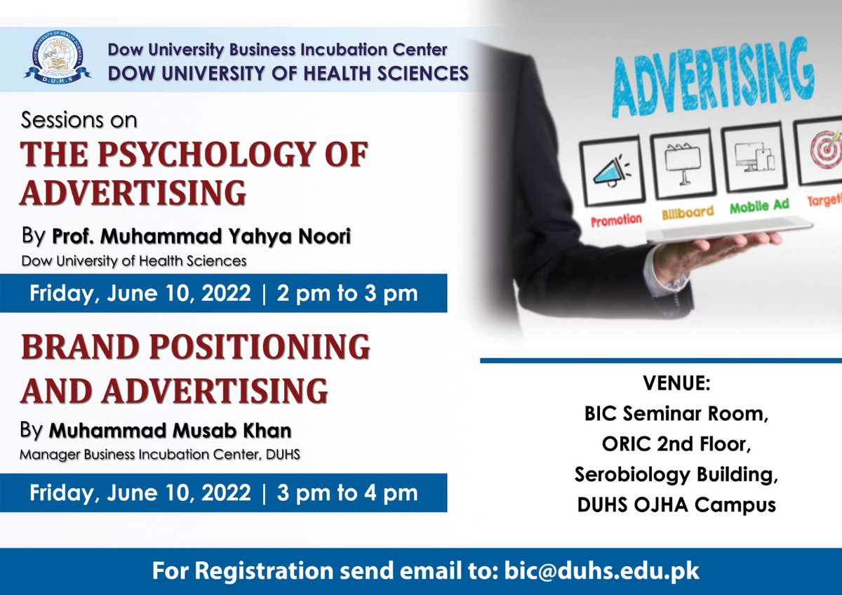 Dow_Uni's tweet photo. Dow University Business Incubation Center, DUHS is conducting a session on "The Psychology of Advertising" & "Brand Positioning & Advertising"
#Incubation #Startups #Capacitybuilding #IntellectualProperty #Advertising #branding #Marketing #DUBIC #BIC #DUHS https://t.co/2nAT33geGD