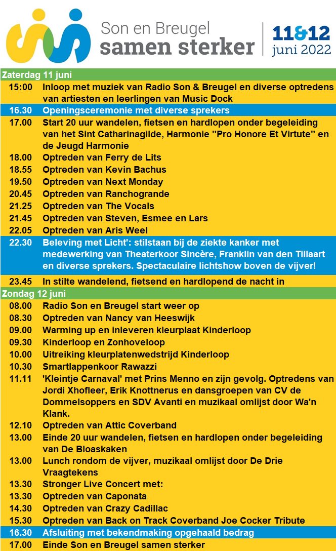 Son en Breugel samen sterker. 
Het wordt een fantastisch evenement met een geweldig en indrukwekkend programma. Zorg dat je er bij bent zaterdag 11 en zondag 12 juni tijdens <a href="/SBsamensterker/">Son en Breugel samen sterker</a> #samensterker #senb #sonenbreugel #strijdtegenkanker @GemSonenBreugel