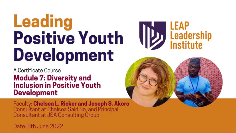 Today, <a href="/chelseasaidso/">Chelsea Ricker</a> and Joseph of <a href="/JSAconsultGrp/">JSA Consulting Group</a> are leading the "Diversity and Inclusion in Positive Youth Development" module of our PYD course for #Youth Professionals.

This is the 7th of 9 modules in the course.

Anticipating!!