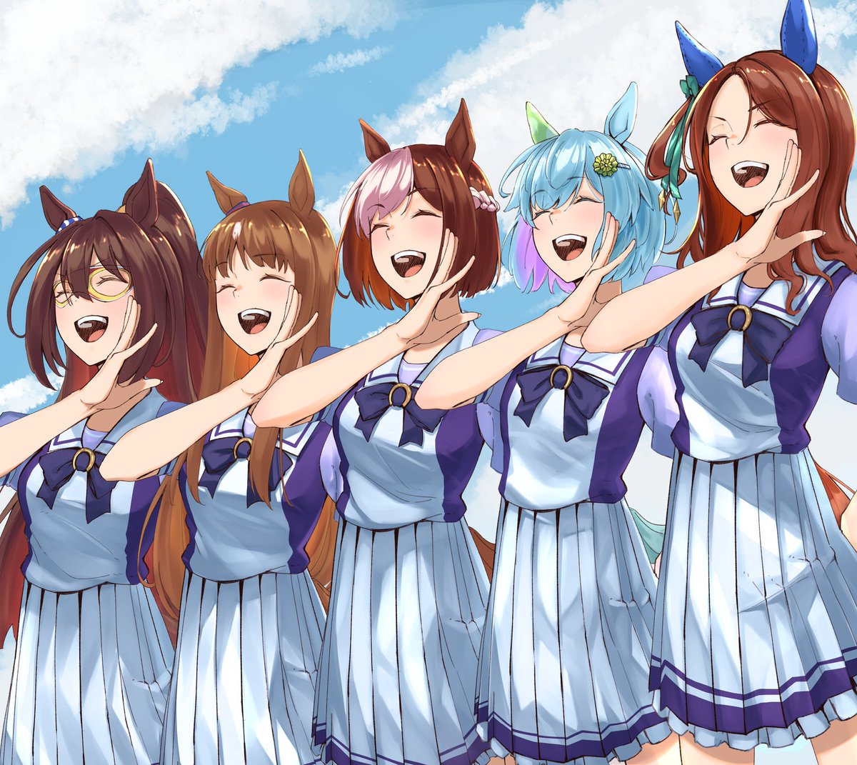 grass wonder (umamusume) ,king halo (umamusume) ,seiun sky (umamusume) ,special week (umamusume) multiple girls animal ears brown hair horse ears school uniform tail long hair  illustration images