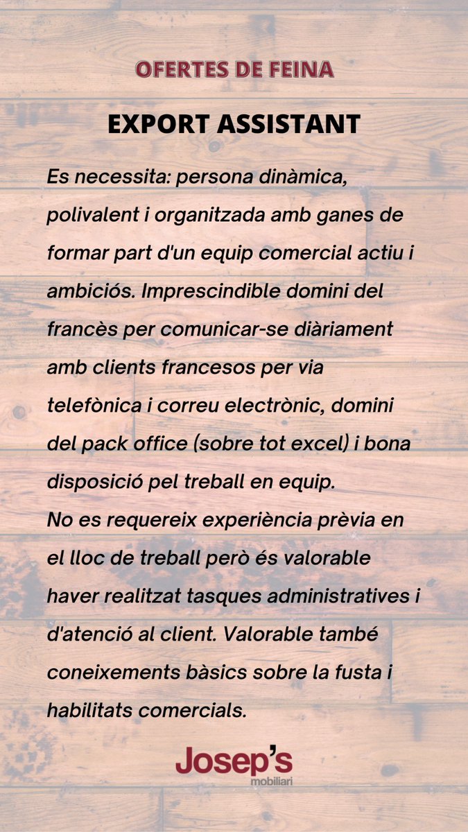 JosepsMobiliari's tweet photo. 🪵 Busquem personal
#OfertaDeEmpleo https://t.co/CC9Ul85UHa