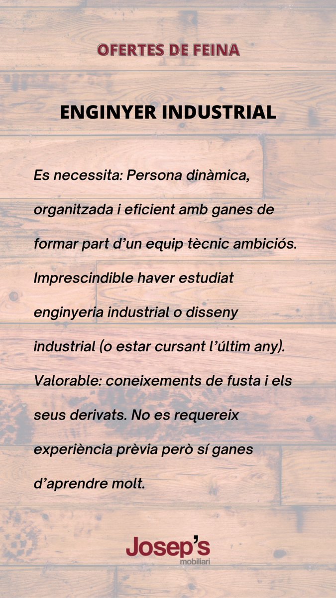 JosepsMobiliari's tweet photo. 🪵 Busquem personal
#OfertaDeEmpleo https://t.co/CC9Ul85UHa
