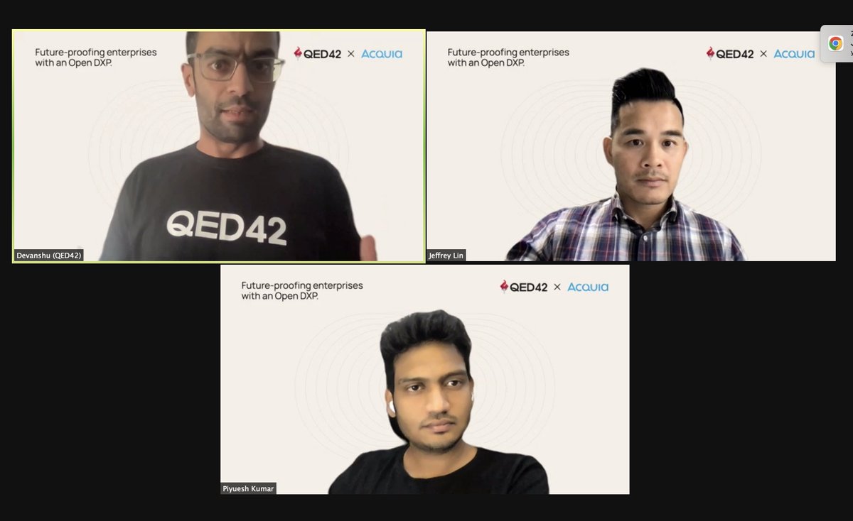 👏 It's happening now! 
Grab your coffee and join <a href="/piyuesh23/">Piyuesh kumar</a>, Jeffery Lin from <a href="/acquia/">Acquia</a> &amp; our host <a href="/devanshuarora/">Devanshu Arora</a> live at the webinar on Future-proofing enterprises with an Open DXP – qed42.zoom.us/j/87170793273

#DXP #Webinar
