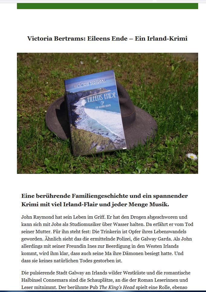 VicBertrams's tweet photo. Freue mich über die Empfehlung im Newsletter der irischen Botschaft für "Eileens Ende" ☘️ #krimi #familienroman #irland #galway
https://t.co/kyoifVB4oh https://t.co/oVxDArBbNB