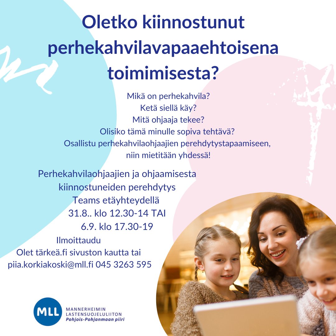 MLL_PPpiiri's tweet photo. Sinustako MLL:n perhekahvilaohjaaja? Tulehan 31.8. tai 6.9. kuulolle, niin mietitään yhdessä. Muista ilmoittautua saadaksesi etäkokouslinkin. Tervetuloa! #perhekahvila #vapaaehtoinen #mllpohjoispohjanmaa https://t.co/MCuML32JdQ