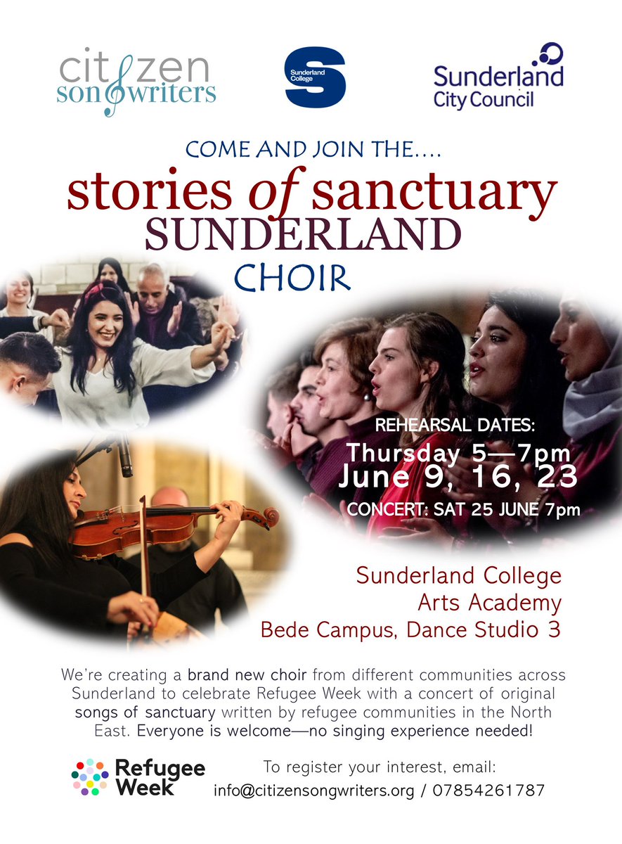Come &amp; join new our community scratch choir to celebrate <a href="/RefugeeWeek/">Refugee Week 🧡</a> starting tmrw 9 June 5pm at <a href="/sunderlandcol/">Sunderland College</a> 

Original songs on #sanctuary

We meet each Thurs until the concert on 25 June. Let us know you’re coming: info@citizensongwriters.org / 07854261787 <a href="/SunderlandUK/">Sunderland UK</a>
