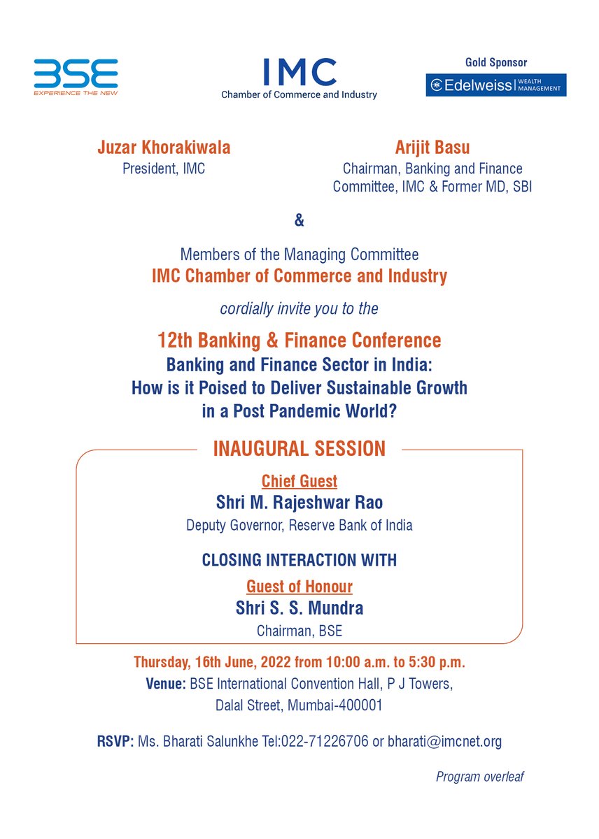 IMC_India's tweet photo. We invite you for the IMC’s 12th Annual Banking &amp; Finance Conference - Banking and Finance sector in India: How is it poised to deliver sustainable growth in a post pandemic world? on June 16, 2022 
Venue: BSE International Convention Hall, BSE
Register on https://t.co/B8xLT93YXx https://t.co/KldUldj7Xp