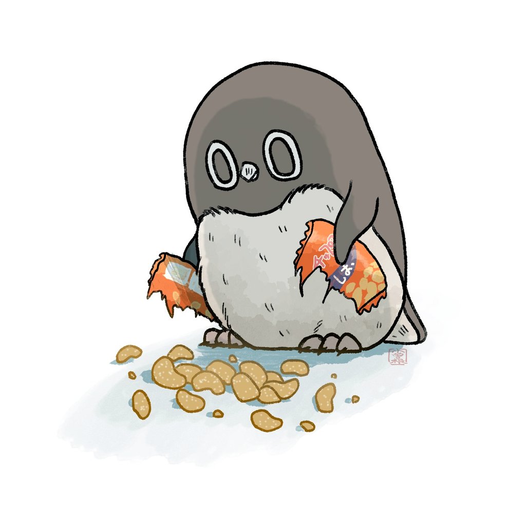 「【ポテチ】
袋を破り損なったアデリーペンギン。
#アデリーペンギン 」|おぞね🐧ペンギン漫画連載中のイラスト