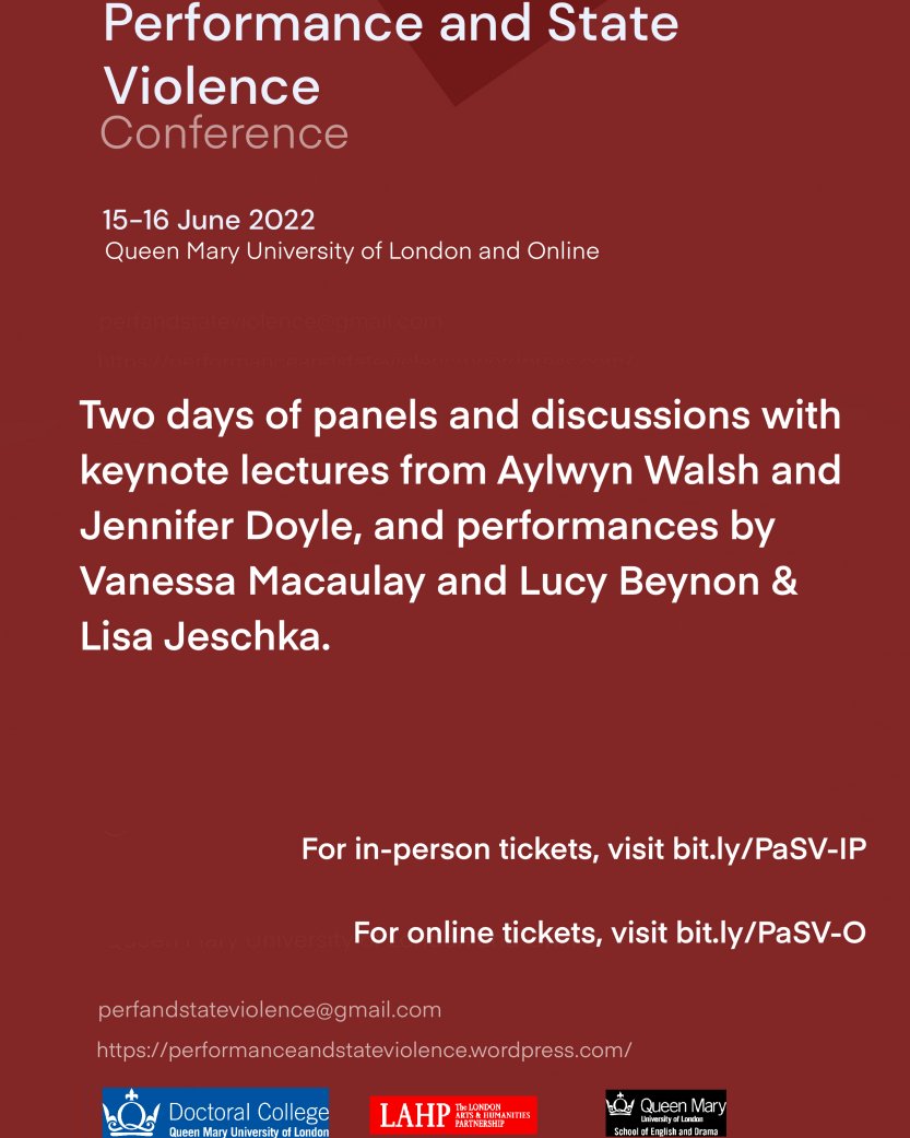 PerfAndState's tweet image. 🎉We&apos;re all very excited for the Performance and State Violence conference next week on 15-16 June! 

If you don&apos;t have your free tickets yet, you can book them via our website: …ormanceandstateviolence.wordpress.com

Financially supported by @LAHP_DTP, @QMUL_DC and @QMULsed