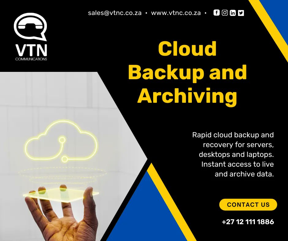 Rapid cloud backup and recovery for servers, desktops, and laptops. Instant access to live and archive data.

#vtnc  #cloud #cloudbackup #cloudbackups #cloudbackupservices #cloudbackupsolution #cloudarchiving #CloudArchiving #cloudarchive #cloudarchives #cloudarchivesolutions