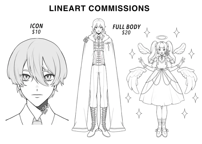 I'm also opening lineart commíssions! Base color shading only and symmetrical (negotiable). 
