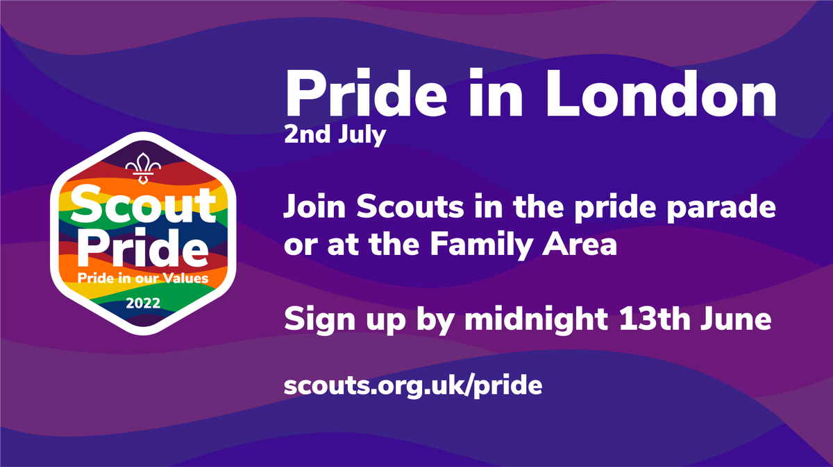 Calling all <a href="/scouts/">Scouts</a> – join us at <a href="/PrideInLondon/">Pride in London</a> on the 2nd July as we mark 50 years of pride in the UK!

We are looking for Scouts to help run the Pride Family Area &amp; march in the Pride Parade. 

Sign up here by midnight 13th June: app.smartsheet.com/b/form/7d3dc9c…
