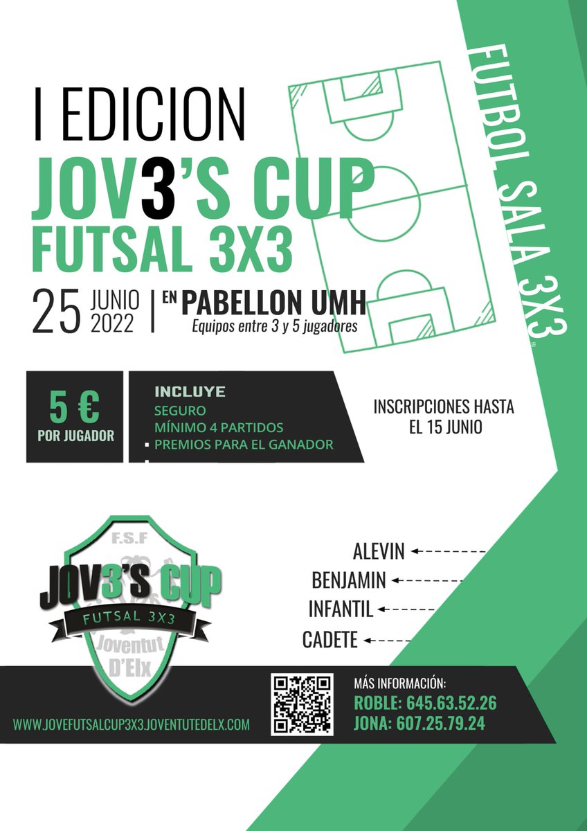 📋 ¡¡𝗔𝗠𝗣𝗟𝗜𝗔𝗠𝗢𝗦 𝗣𝗟𝗔𝗭𝗢 de inscripción para nuestra JOV3'S CUP FUTSAL 3x3 hasta el 𝟙𝟝 𝕕𝕖 𝕁𝕌ℕ𝕀𝕆!!

😏 ¡Todavía estás a tiempo de apuntarte y demostrar tus dotes en esta nueva variante del fútbol sala!

👇🏽¡No te lo pienses más!

jovefutsalcup3x3.joventutdelx.com/inscripcion/