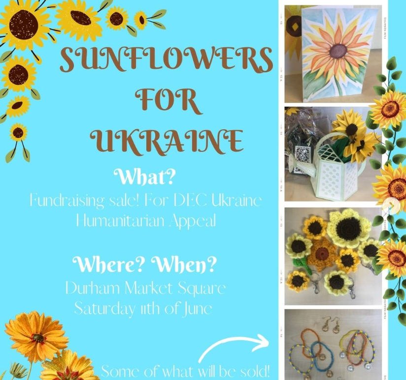 THANK YOU to our wonderful volunteers who donated to our Sunflowers for Ukraine Appeal! 

This Saturday 11th we are running a stall in Durham Market place where all the handmade sunflower items will be sold

ALL proceeds go to the DEC Humanitarian Appeal 
#ukraine