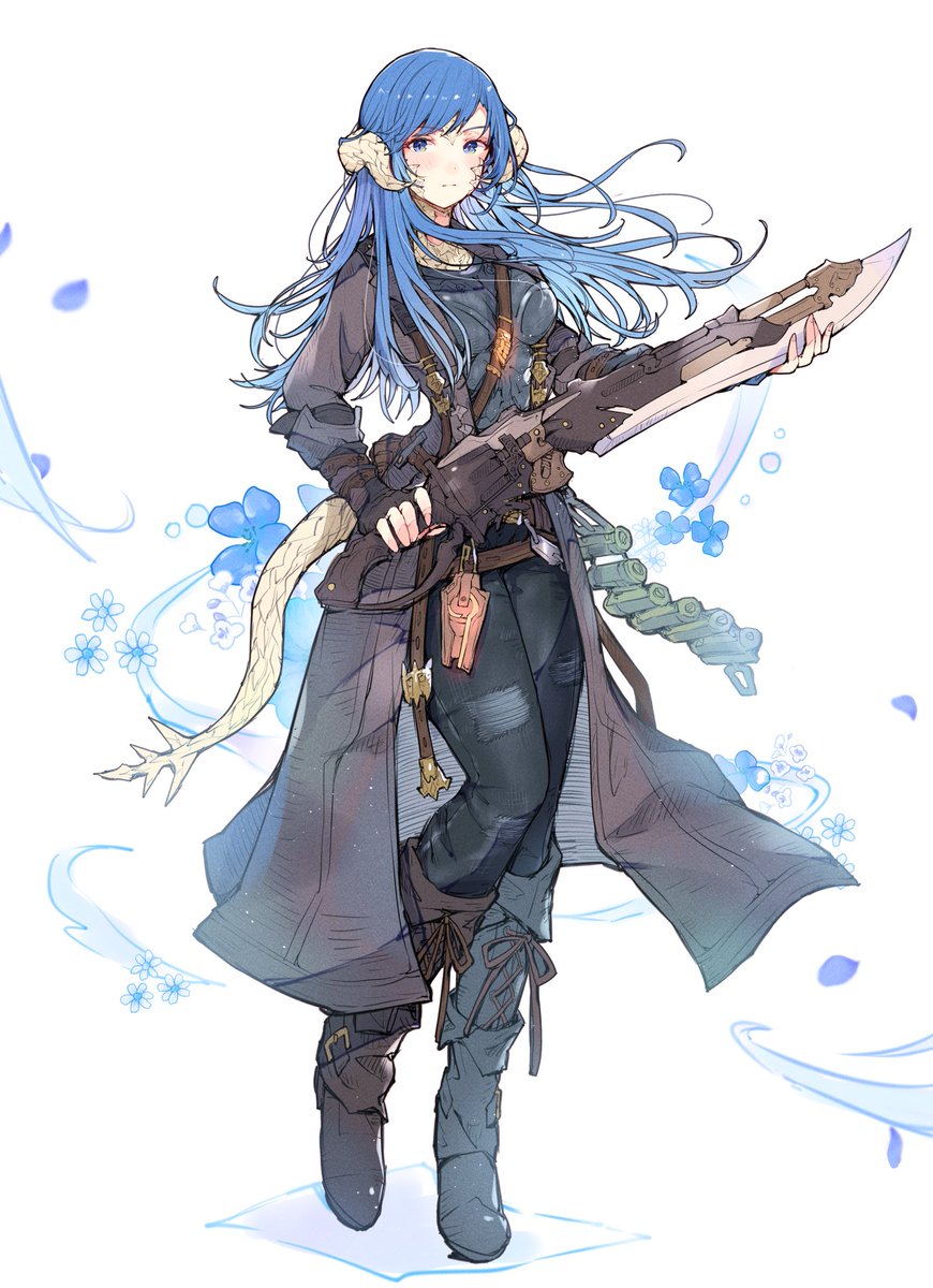 1girl blue hair horns au ra solo long hair weapon  illustration images