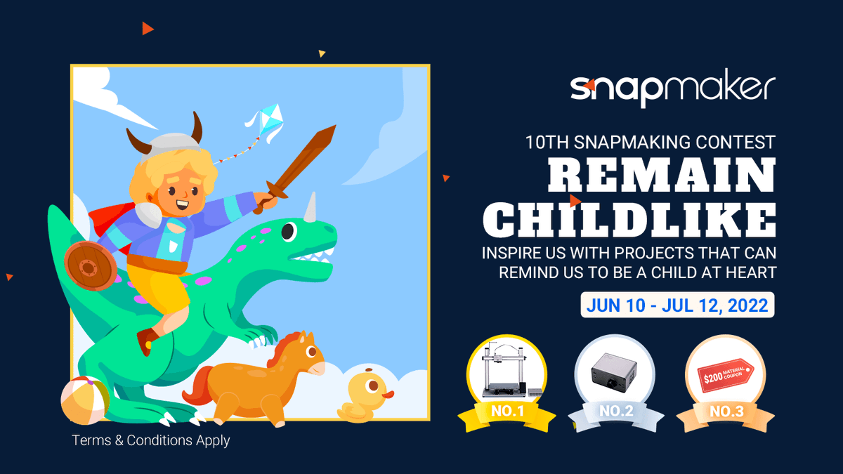 snapmaker's tweet image. #snapmaking #remainchildlike 
The 10th Snapmaking Contest is on!

😆What does it mean to be childlike? It's time to tell.

Big Prizes:
🥇Snapmaker 2.0 F350 with free shipping
🥈10W High Power Laser Module 
🥉more than ever 

Enter to win now!👉bit.ly/3xhgs4I