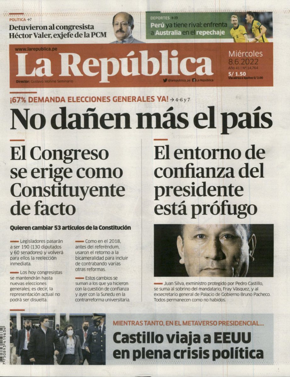 La portada de hoy de <a href="/larepublica_pe/">La República</a> es muy lamentable. El Congreso, en un sistema democrático con separación de poderes, es el único ente constituyente. Tiene el mandato de aprobar las reformas constitucionales que considere. Regresar a un sistema bicameral es fundamental.