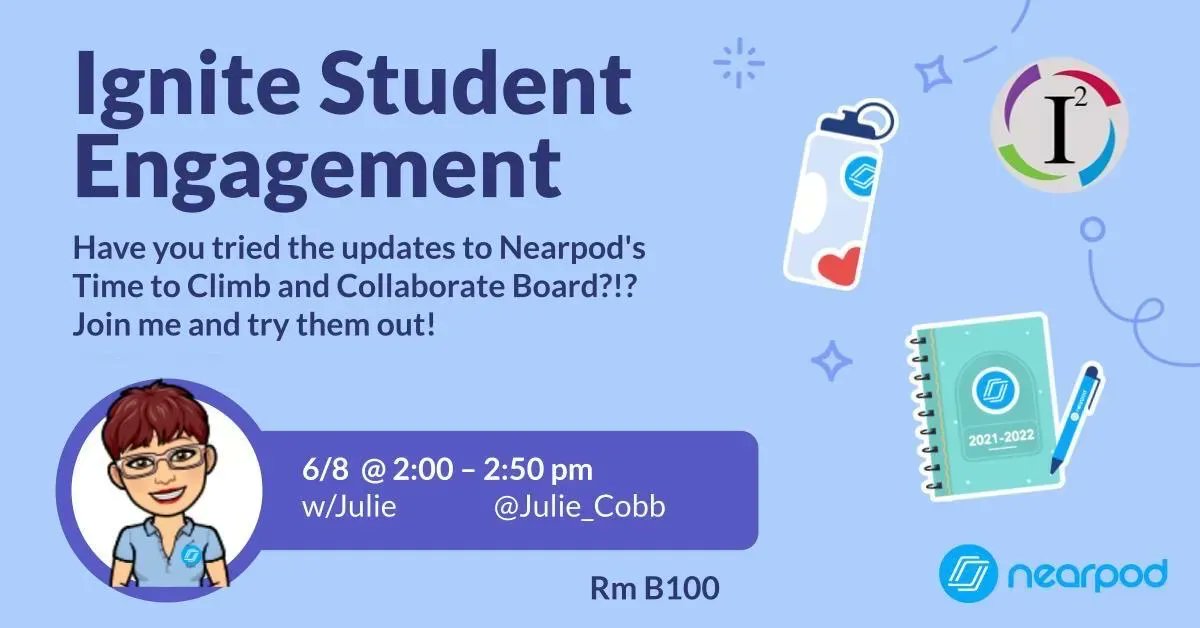 Julie_Cobb's tweet image. Keep your afternoon engaging with the newest updates to Time to Climb and Collaborate Board in @nearpod ! Join me to try out the newest options and learn how a single activity could be your whole lesson. #i2sdale #tis2Learn