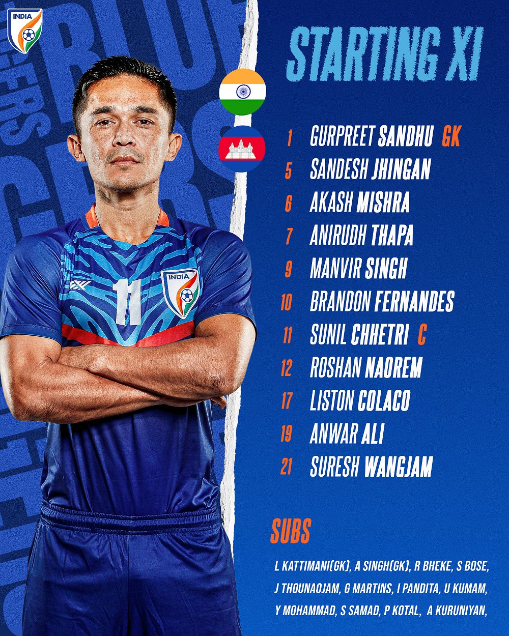 Indian Football Team on X: And this is how the #BlueTigers 🐯 will line-up  today 📜 #INDCAM ⚔️ #AsianCup2023 🏆 #BackTheBlue 💙 #IndianFootball ⚽   / X