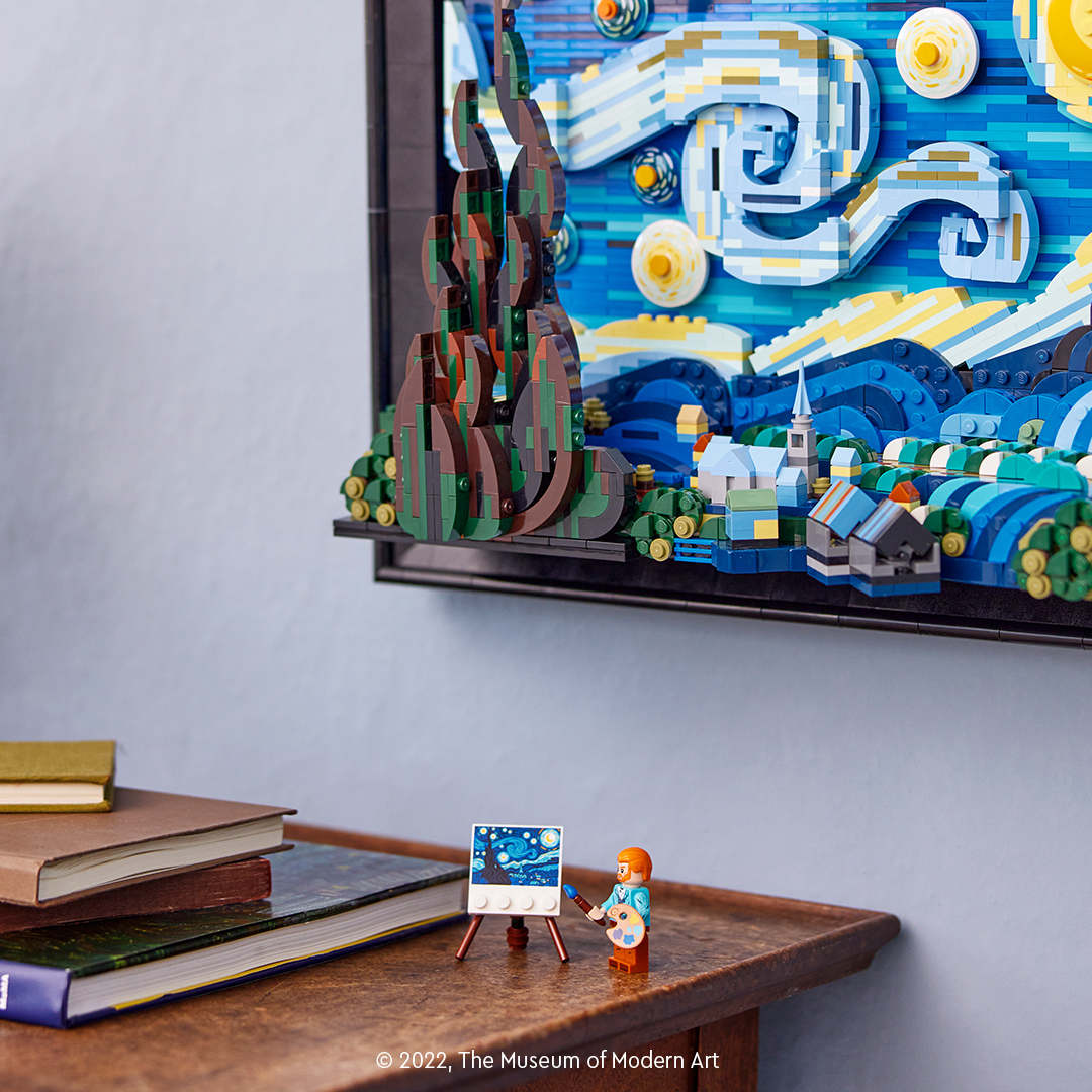 LEGO_Group's tweet photo. The new LEGO Ideas The Starry Night set reimagines Vincent van Gogh’s famous painting in brick form 🎨. Brought to life in collaboration with @museummodernart. 

Available from https://t.co/fthKbirz87 and LEGO Stores https://t.co/leZJw1l54H