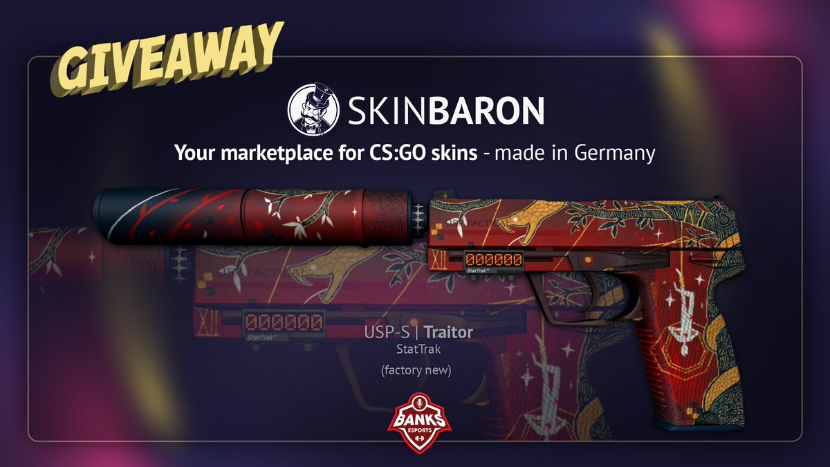 BanKsEsports's tweet image. Let&apos;s keep it positive - CS:GO GIVEAWAY time - USP-S Traitor Stat Trak (FN)!

How to win:
1) Follow @BanKsEsports + @SkinBaronEN 
2) RT + Like this tweet
3) Relax and wait until 13th June for the winner to be picked &amp;lt;3!