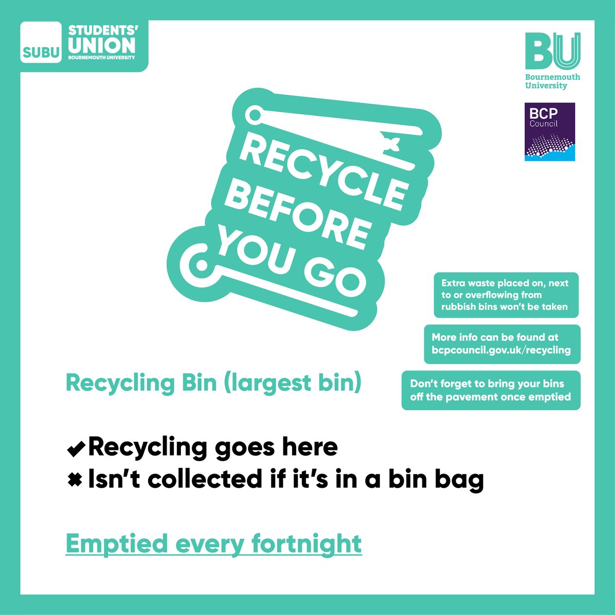 SUBUBournemouth's tweet photo. ♺ Recycle Before You Go ♺

Going away this summer? Please empty your bins and put them away to ensure pavements are accessible (you could be fined otherwise)!

Keep the community clean and safe. https://t.co/pF3eKuG7GL