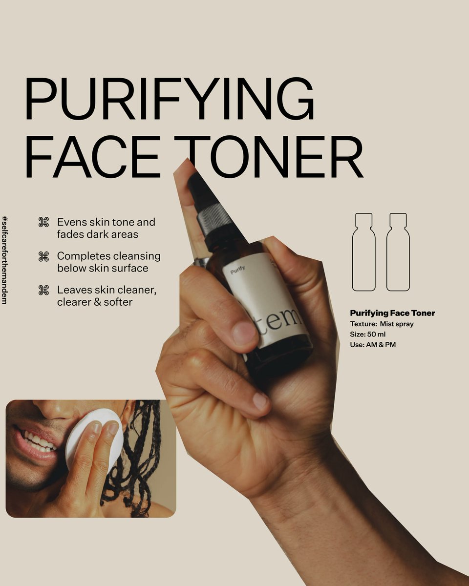 tmpl_care's tweet photo. Our Purifying Face Toner ⬇️

 - Evens skin tone and fades dark areas ✅
 - Cleanses below the skins surface ✅
 - Deeply hydrates your skin ✅

Want to learn more? Visit us at: https://t.co/R7C9temc9E

#selfcareforthemandem #mensskincare #mensgrooming #skincareformen #selfcare https://t.co/ddxBHiiWn5