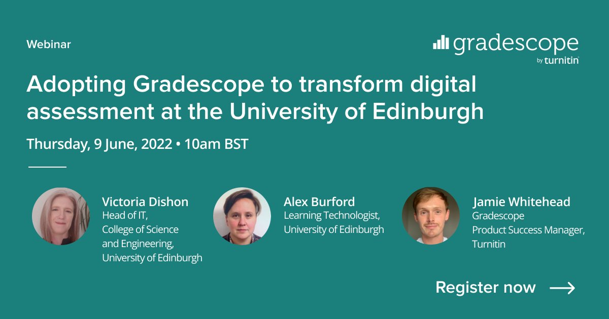 Turnitin's tweet photo. There's still time to register for tomorrow's webinar with the University of Edinburgh. Join us at 10am to hear how the university's pilot led to using Gradescope across more than 500 courses and 200,000 student submissions.

Register now ➡️
https://t.co/n5cmc6Jn6v https://t.co/B8SXXISs3p