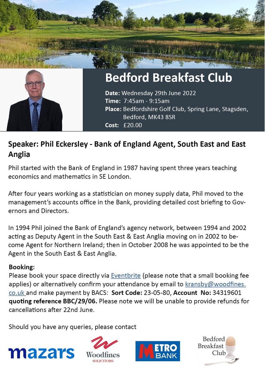 Our last #Breakfast Club before the summer break is taking place on 29th June when we are pleased to confirm we will be joined by <a href="/PhilEckersley/">Phil Eckersley</a>, <a href="/BoESouthEast/">Bank of England SEEA</a>. This is always a popular event, so early booking is advised...
eventbrite.com/e/bedford-brea…