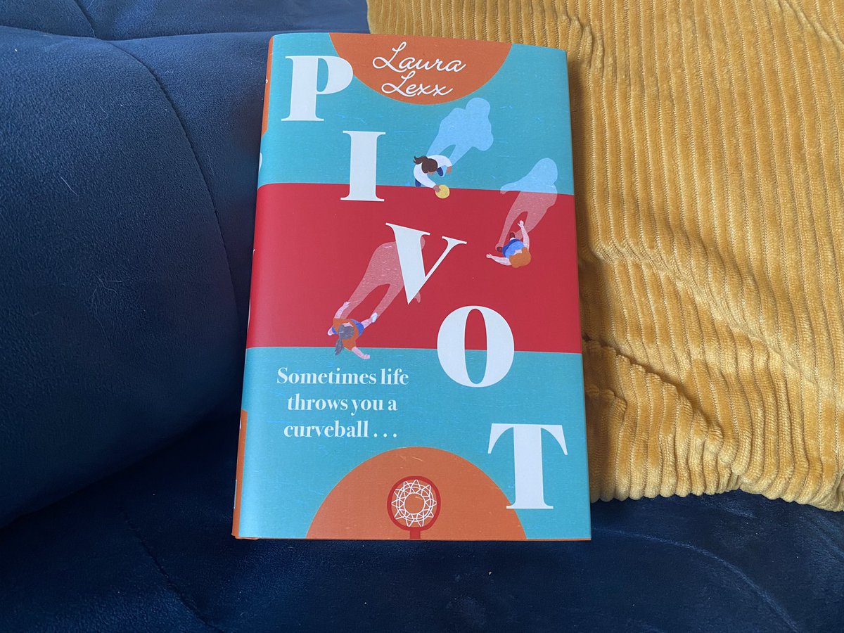 The front cover of the book. It's called Pivot. The cover is an illustrated netball court with teal and dark orange thirds marked out and then pale orange scoring Ds at either end with a net drawn on (as shown from above). The title Pivot is diagonally down across it from top left to bottom right and there are a few illustrations of female netball players on the court. It's bright and fun and seems laid back and casual.