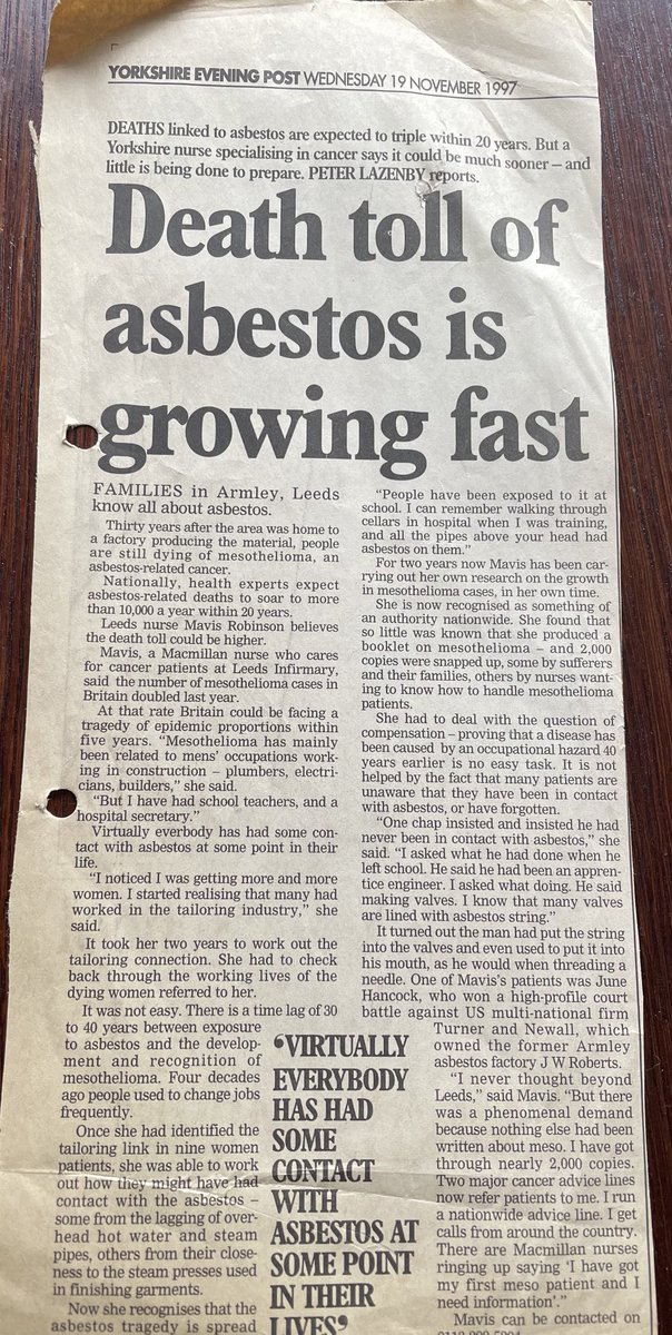 I still remember speaking to the journalist in Leeds before this piece from Nov 1997. We knew back then the numbers of #mesothelioma cases would rise. Mavis Robinson was a true pioneer!  Leaves a tremendous  legacy 25 years on.
⁦<a href="/Mesouk/">Mesothelioma UK</a>⁩ ⁦⁦<a href="/irwinmitchell/">Irwin Mitchell</a>⁩