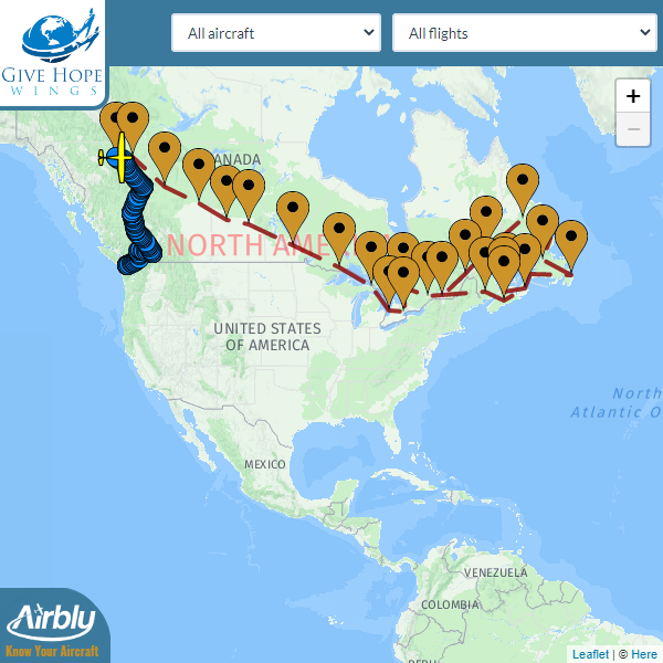 airbly's tweet photo. We are tracking @HopeAir as a group of aircraft cross Canada as part of the Give Hope Wings fund raiser.  Follow along here https://t.co/GJIriq64rc or visit their website to find out more about the trip and how to donate here https://t.co/n07yLUdF3u https://t.co/bmMrDO4j88
