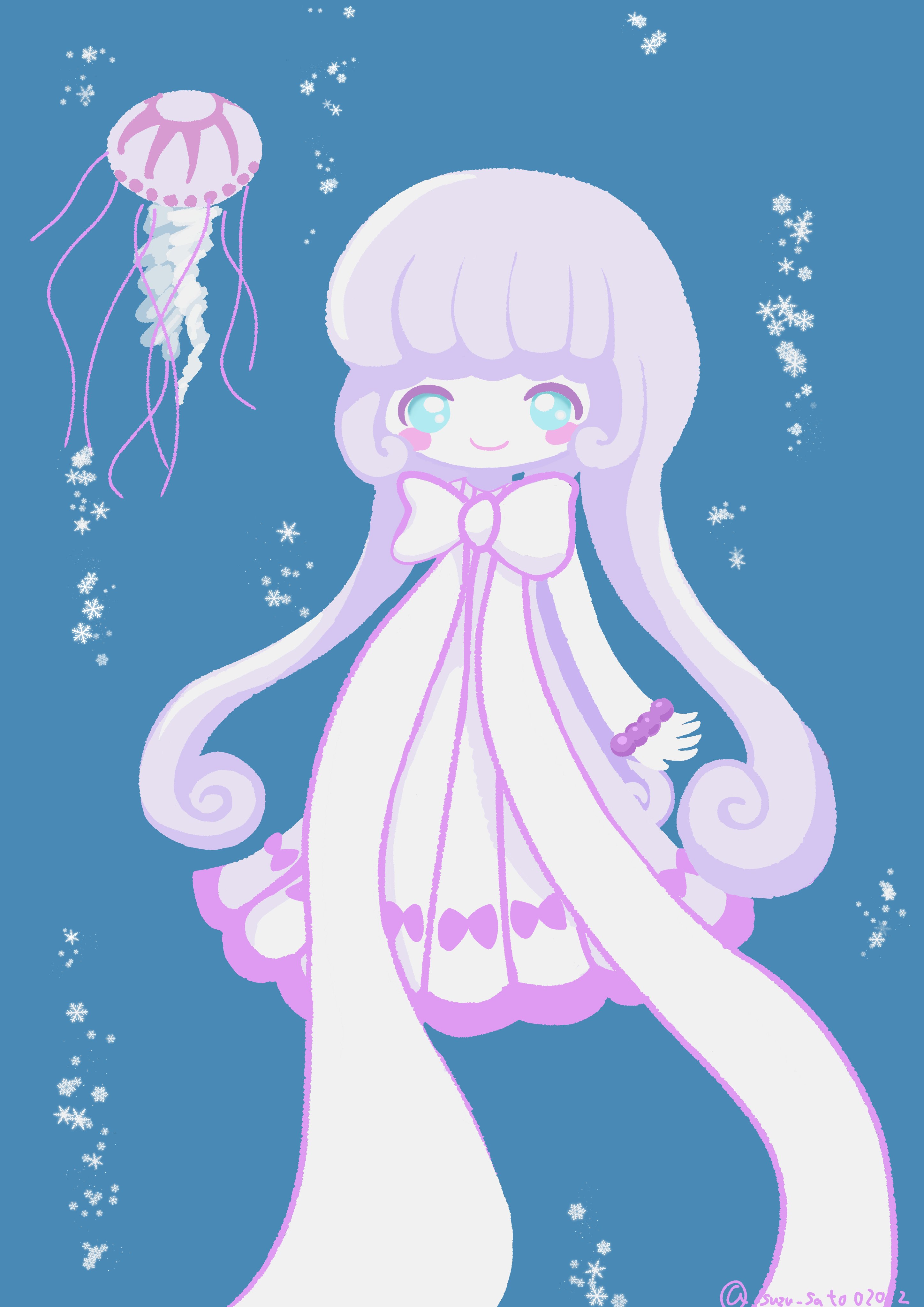すずさと くらげ パープルストライプドジェリーちゃんです 最初見たときは夢みたいに綺麗なクラゲすぎてびっくりしました かわいさと優雅さを表現できるようにがんばったので見て頂けたら嬉しいです 絵描きさんと繋がりたい 絵柄が好みって人が