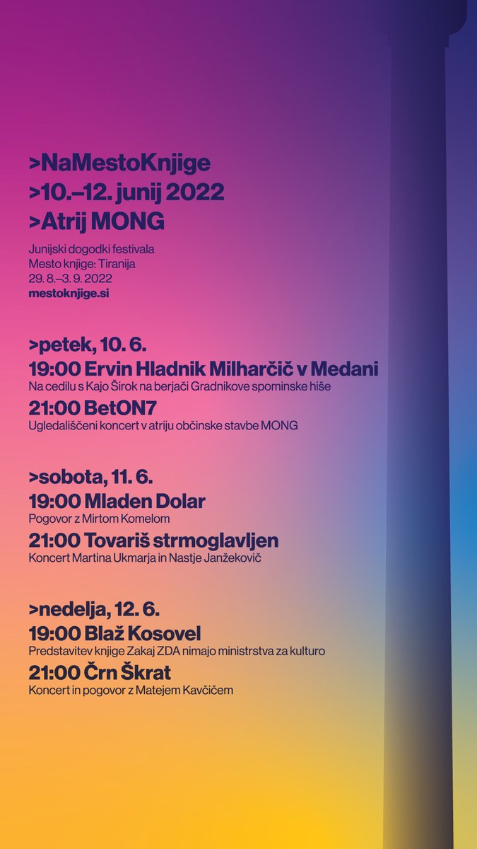 Uvertura v poletje in letošnji festival Mesto knjige🥁 >NaMestoKnjige v atriju občinske stavbe <a href="/MONovaGorica/">MO Nova Gorica</a> >10.–12. junij 2022 >Med sodelujočimi tudi: <a href="/ervinmh/">Ervin H.Milharcic</a> <a href="/mirt_komel/">Mirt Komel</a> <a href="/bKosovel/">Blaz K</a> <a href="/Razpotja/">Razpotja</a> <a href="/2025Go/">GO! 2025 Nova Gorica - Gorizia</a> @ZaloZbaZRC <a href="/BridaArt/">BridA collective</a>