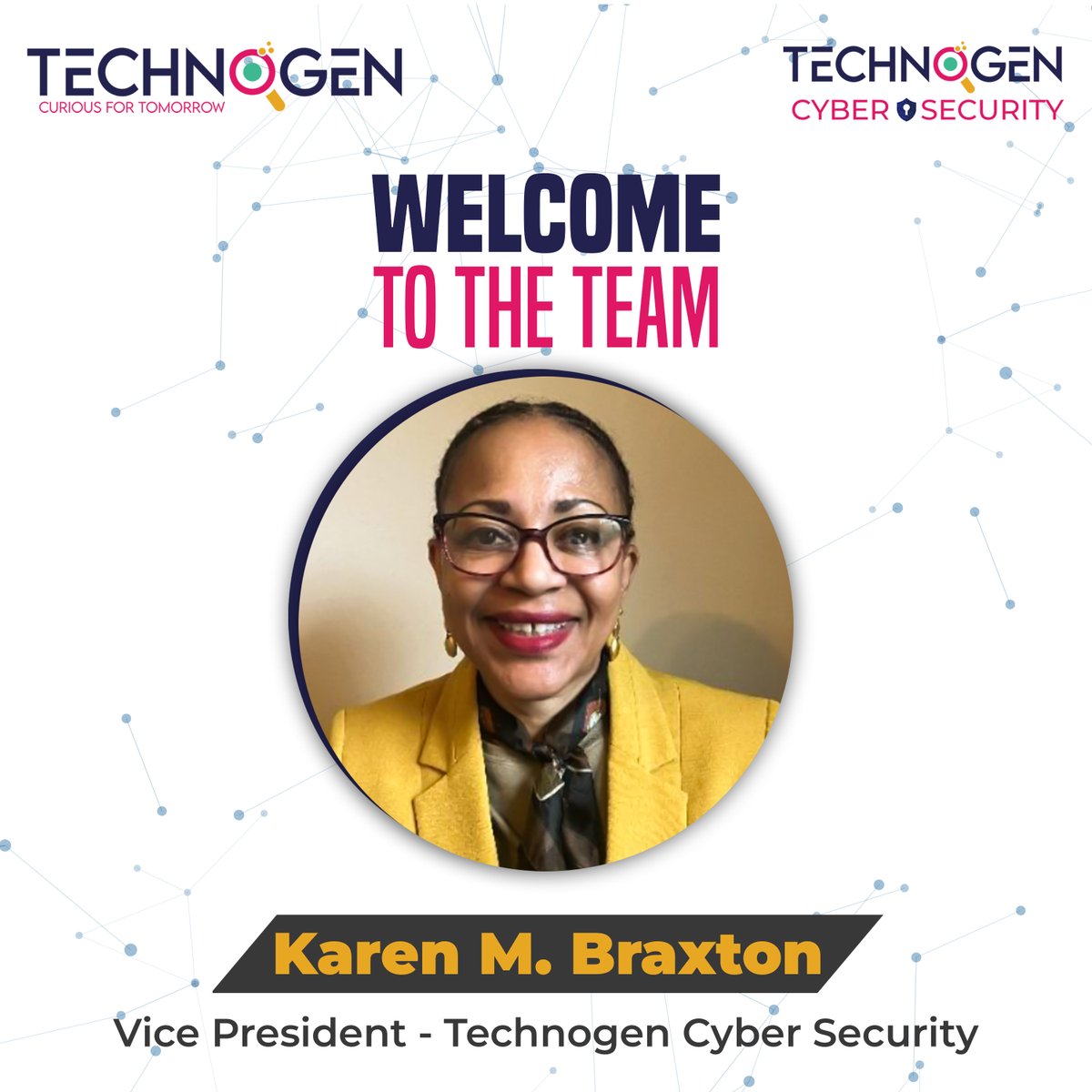Technogenin's tweet photo. We are pleased to announce that Ms. Karen Braxton has been appointed as Vice President of TechnoGen Cyber Security, LLC.
#Technogen #VicePresident #welcomeonboard #congratulations #karenbraxton #technology #team #experience #infrastructure #health https://t.co/GfrP0Hnq0J