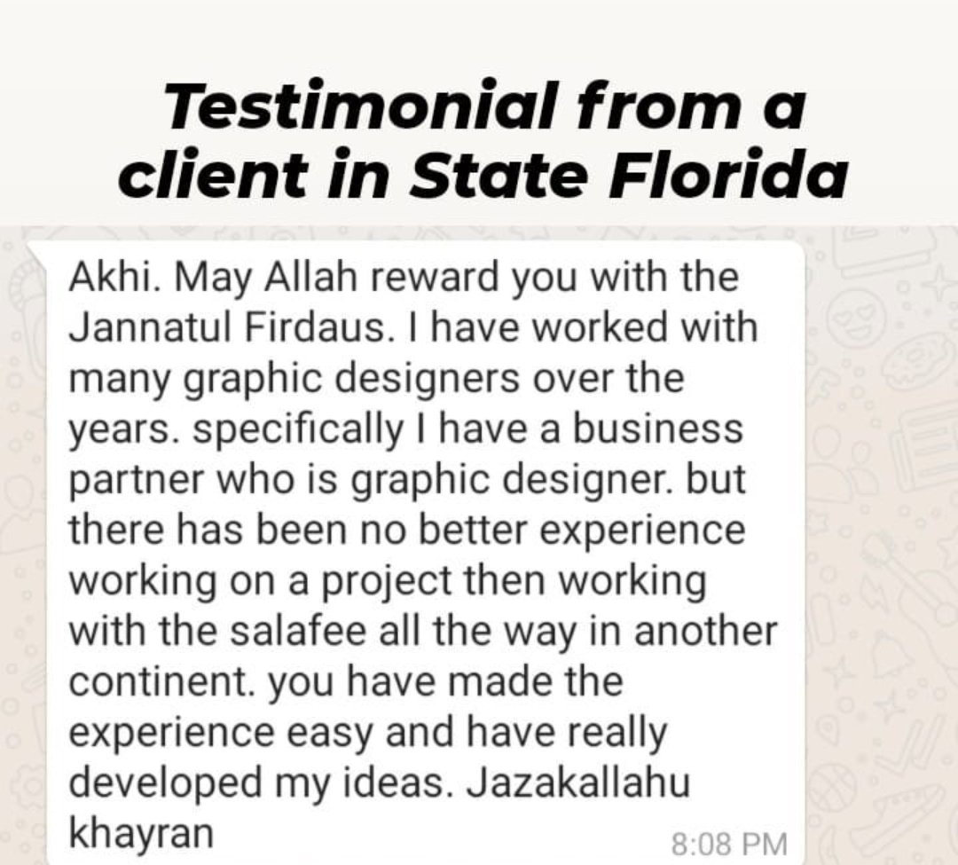 Salafi_designs's tweet photo. Here are some reviews from Our past clients.

We're just a click away. Send us a message to get your designs done professionally right away. https://t.co/RAHZqHSmY4